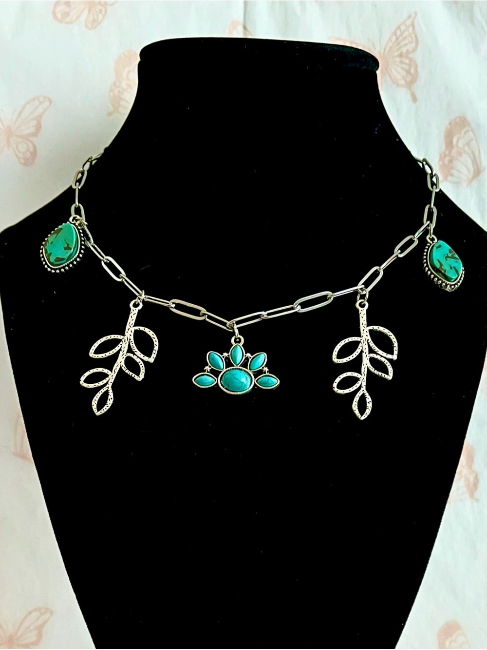 Boho Silver Paperclip Chain Necklace Turquoise Leaf Charm Nature Jewelry